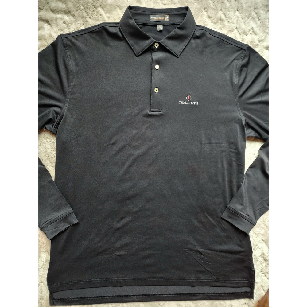 Peter Millar Summer Comfort Long Sleeve Polo Shirt Black True North Mens L